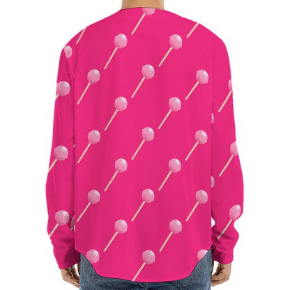 Pink Sweet Lollipop Pattern Print Long Sleeve Baseball Jersey