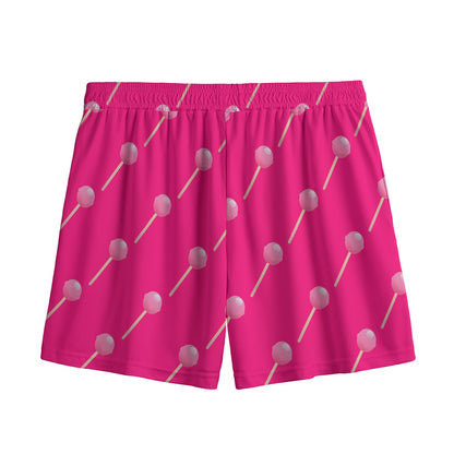 Pink Sweet Lollipop Pattern Print Mesh Shorts
