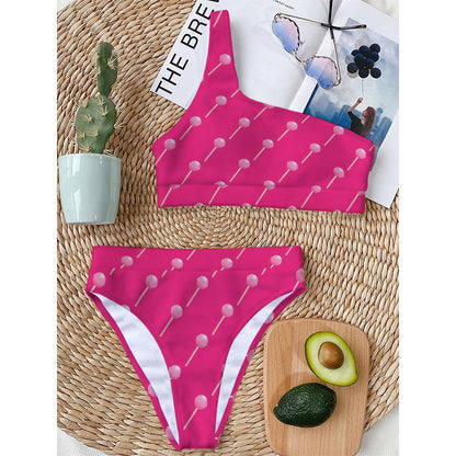 Pink Sweet Lollipop Pattern Print One Shoulder Bikini Top