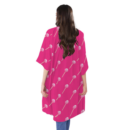 Pink Sweet Lollipop Pattern Print Open Front Beach Cover Up