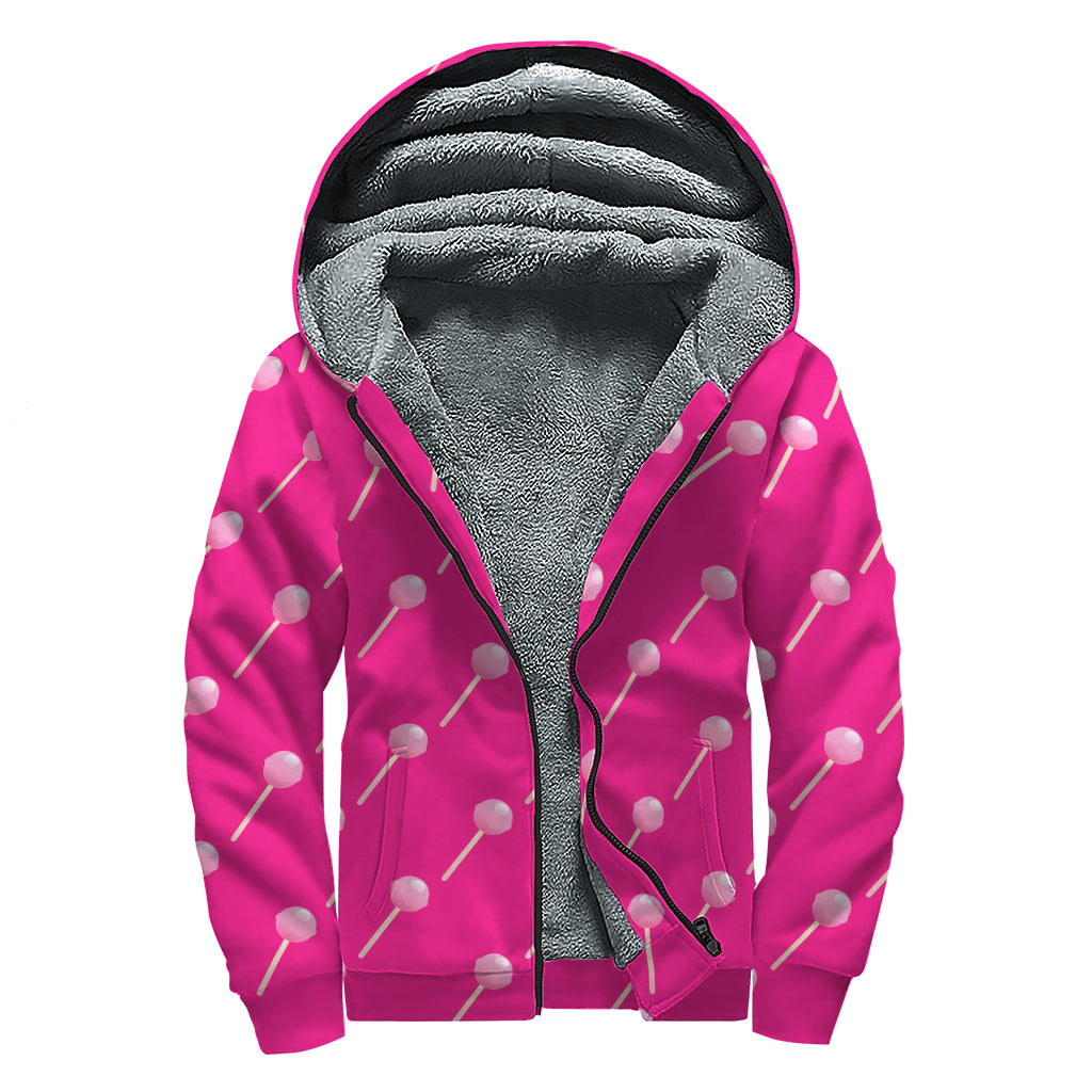 Pink Sweet Lollipop Pattern Print Sherpa Lined Zip Up Hoodie