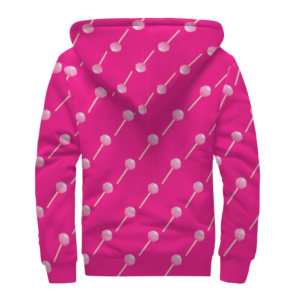Pink Sweet Lollipop Pattern Print Sherpa Lined Zip Up Hoodie