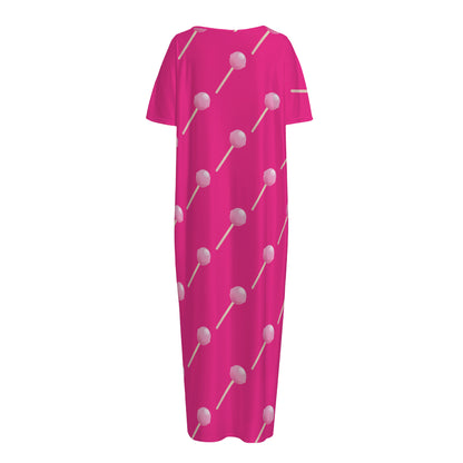 Pink Sweet Lollipop Pattern Print Short Sleeve Long Nightdress