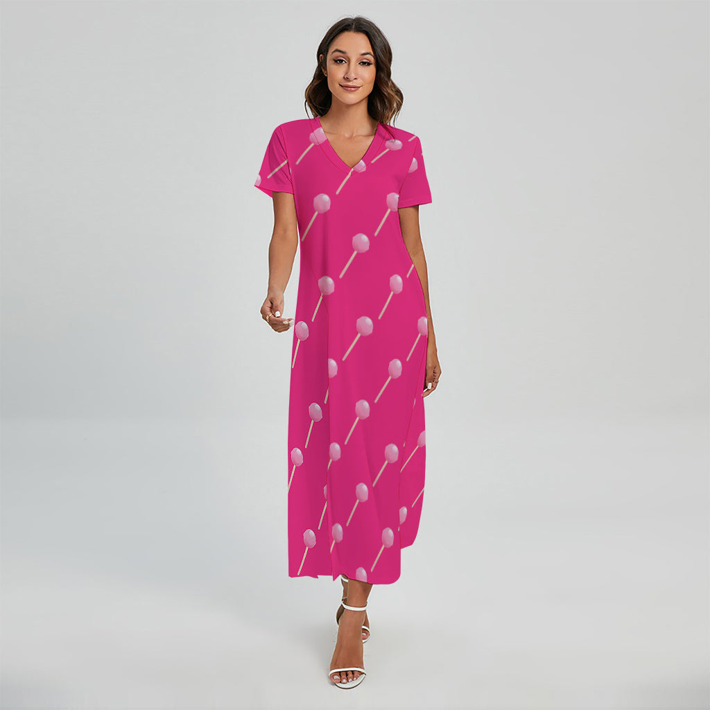 Pink Sweet Lollipop Pattern Print Short Sleeve Maxi Dress