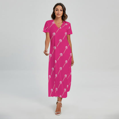 Pink Sweet Lollipop Pattern Print Short Sleeve Maxi Dress