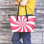 Pink Swirl Candy Print Leather Tote Bag