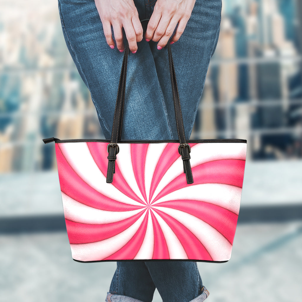 Pink Swirl Candy Print Leather Tote Bag