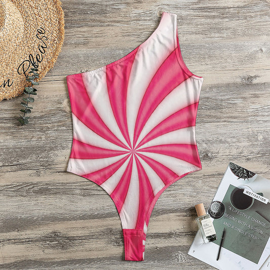 Pink Swirl Candy Print One Shoulder Bodysuit