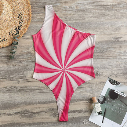 Pink Swirl Candy Print One Shoulder Bodysuit
