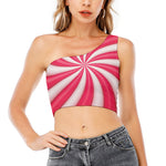 Pink Swirl Candy Print One Shoulder Crop Top