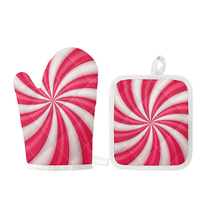 Pink Swirl Candy Print Oven Mitt And Pot Holder Set