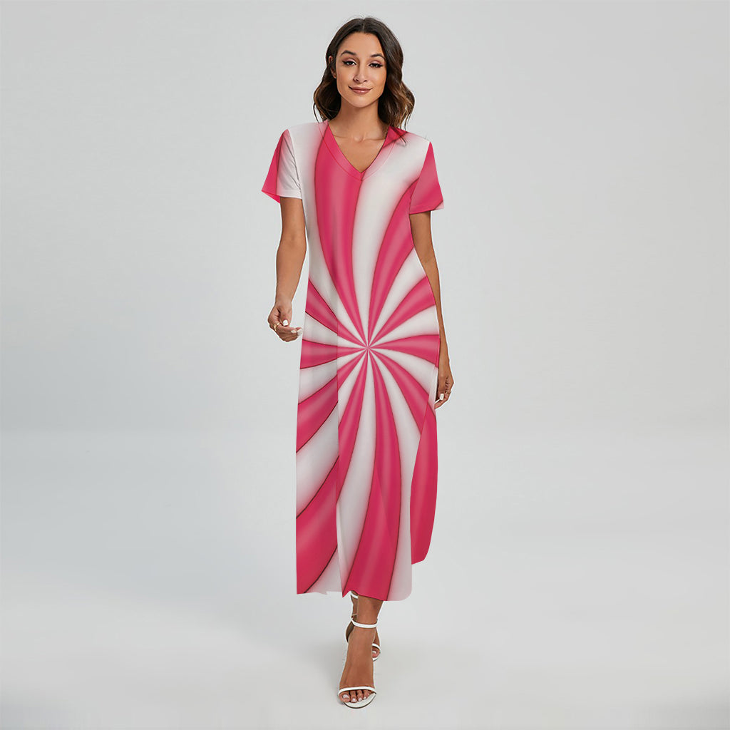 Pink Swirl Candy Print Short Sleeve Maxi Dress