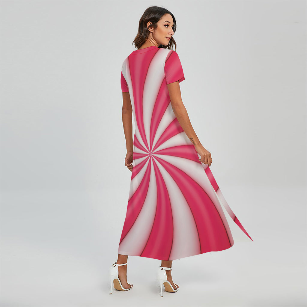 Pink Swirl Candy Print Short Sleeve Maxi Dress