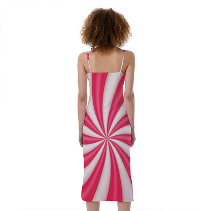 Pink Swirl Candy Print Slim Fit Midi Cami Dress
