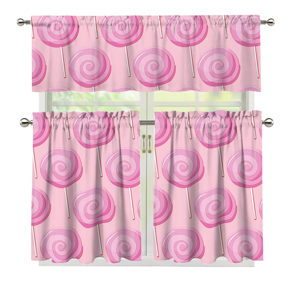 Pink Swirl Lollipop Pattern Print 3 Piece Kitchen Curtains