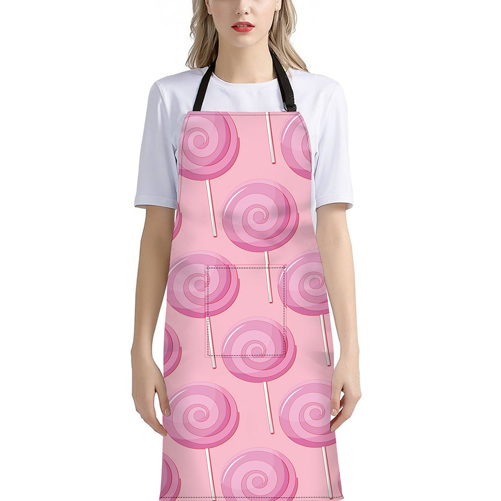 Pink Swirl Lollipop Pattern Print Bib Apron With Pocket