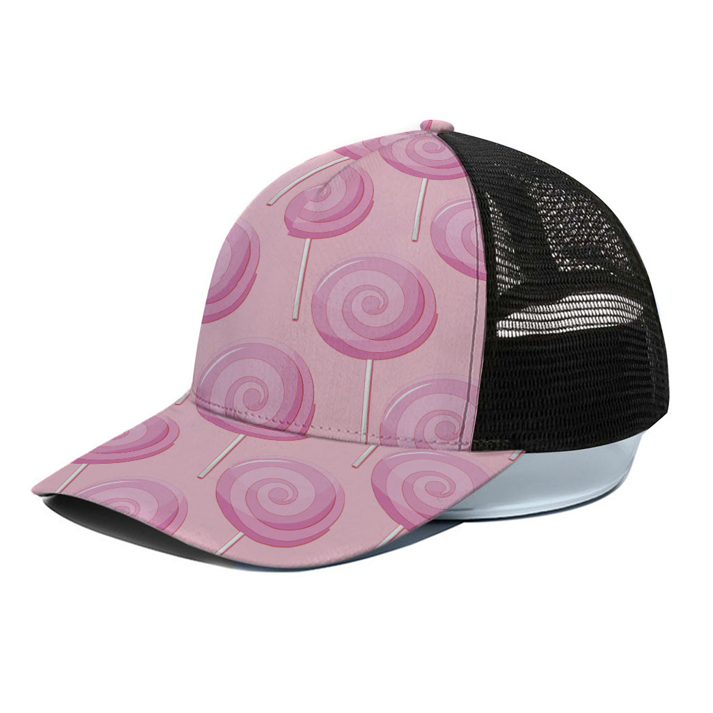 Pink Swirl Lollipop Pattern Print Black Mesh Trucker Cap