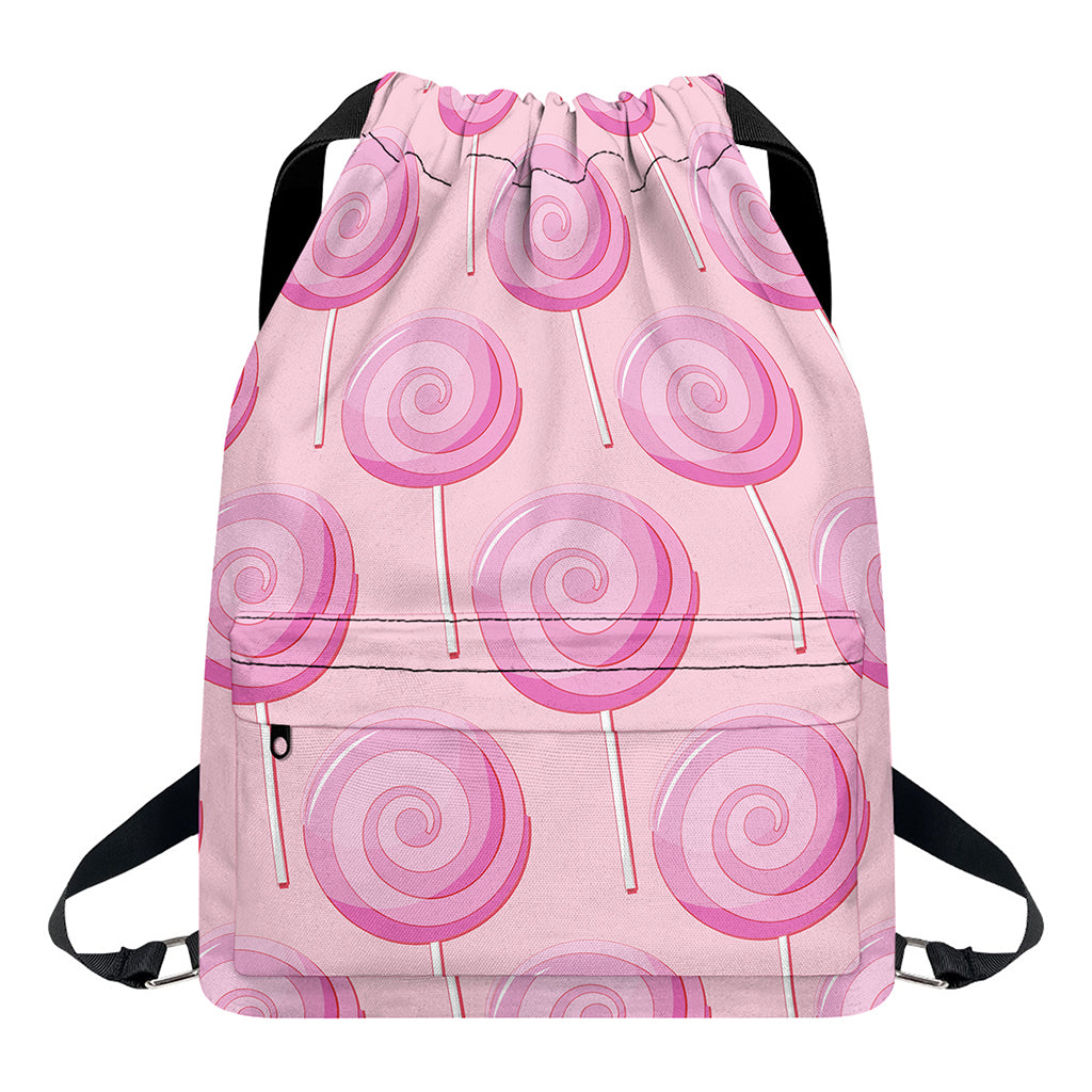 Pink Swirl Lollipop Pattern Print Drawstring Backpack