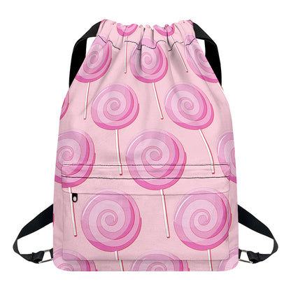 Pink Swirl Lollipop Pattern Print Drawstring Backpack