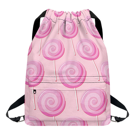 Pink Swirl Lollipop Pattern Print Drawstring Backpack