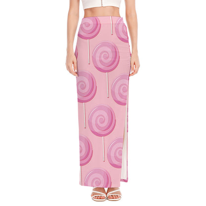 Pink Swirl Lollipop Pattern Print High Slit Maxi Skirt