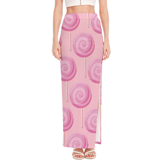 Pink Swirl Lollipop Pattern Print High Slit Maxi Skirt