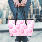 Pink Swirl Lollipop Pattern Print Leather Tote Bag