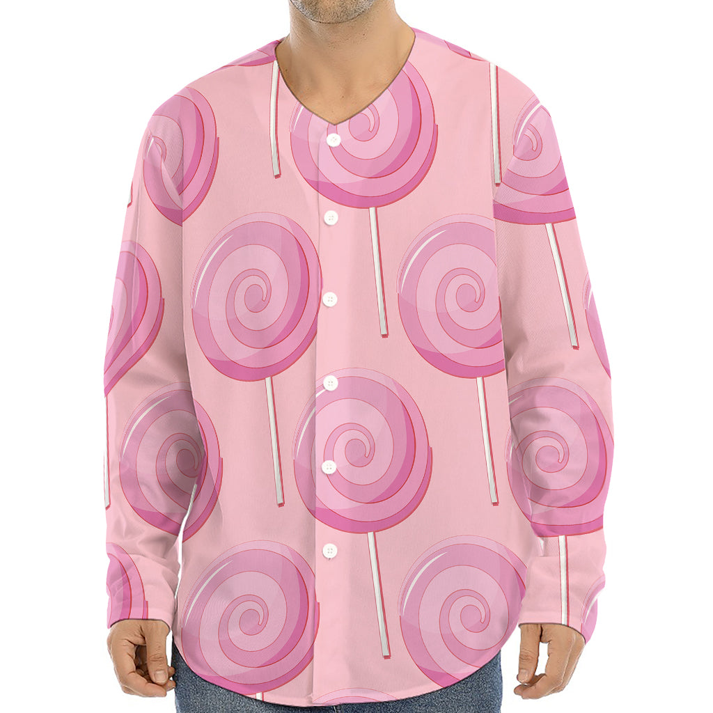 Pink Swirl Lollipop Pattern Print Long Sleeve Baseball Jersey