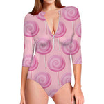 Pink Swirl Lollipop Pattern Print Long Sleeve Swimsuit