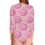 Pink Swirl Lollipop Pattern Print Long Sleeve Swimsuit