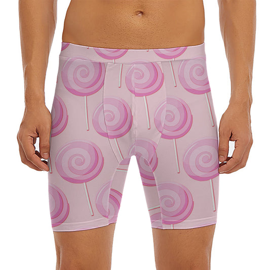 Pink Swirl Lollipop Pattern Print Men's Long Boxer Briefs