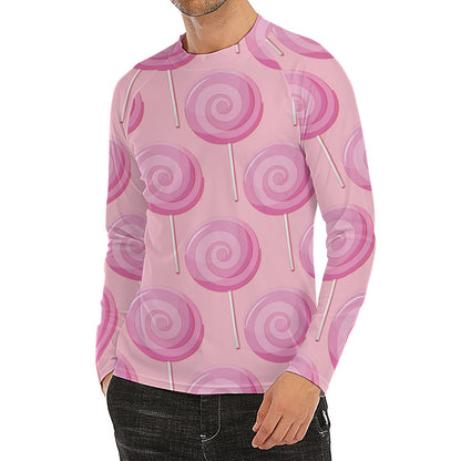 Pink Swirl Lollipop Pattern Print Men's Long Sleeve Rash Guard