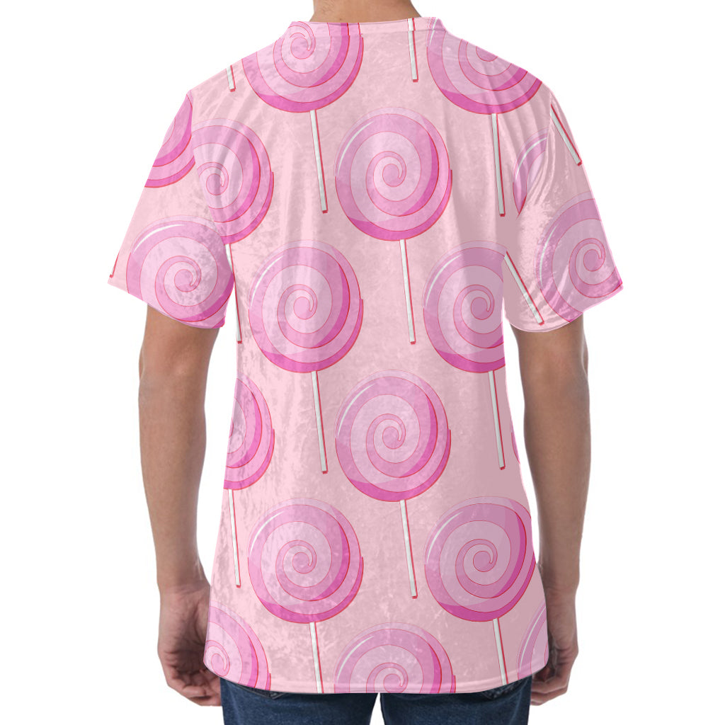 Pink Swirl Lollipop Pattern Print Men's Velvet T-Shirt