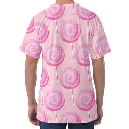 Pink Swirl Lollipop Pattern Print Men's Velvet T-Shirt
