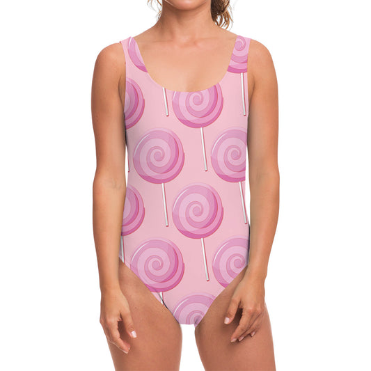 Pink Swirl Lollipop Pattern Print One Piece Swimsuit