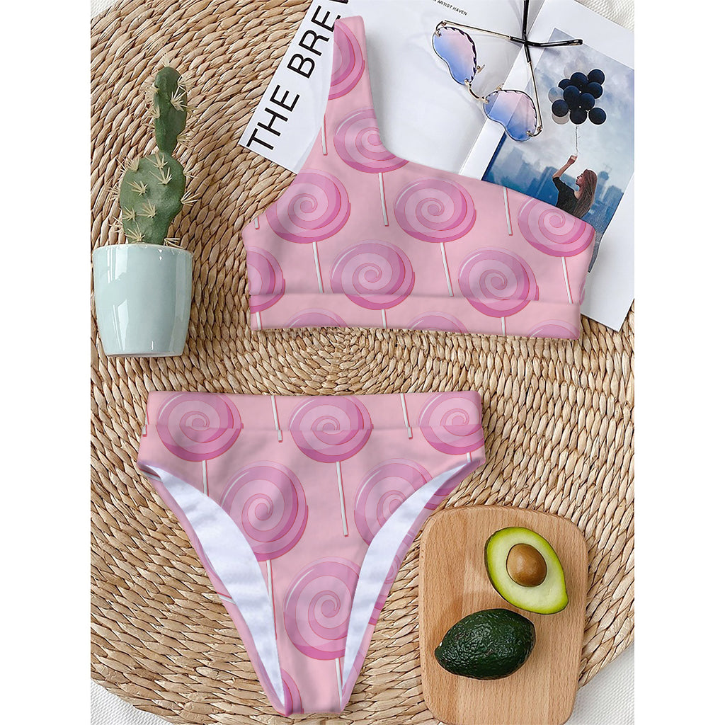 Pink Swirl Lollipop Pattern Print One Shoulder Bikini Top