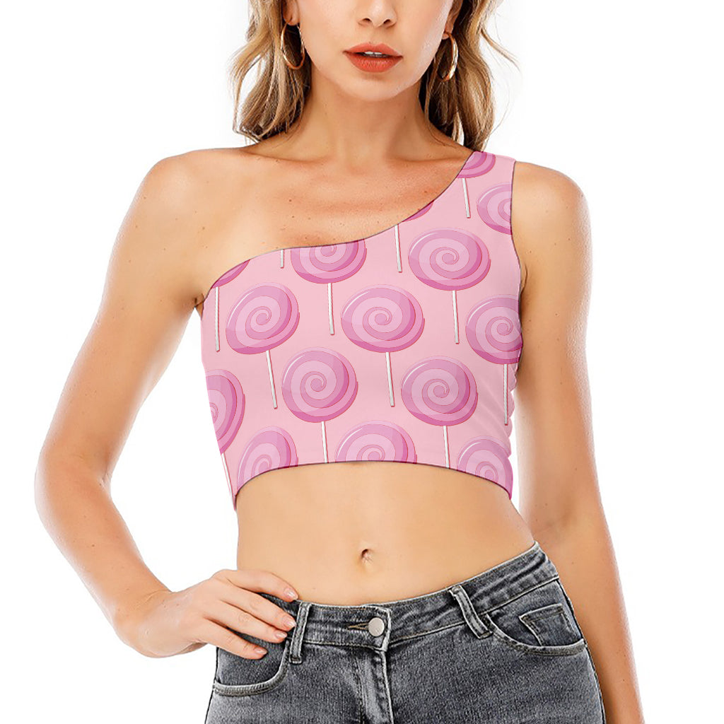 Pink Swirl Lollipop Pattern Print One Shoulder Crop Top