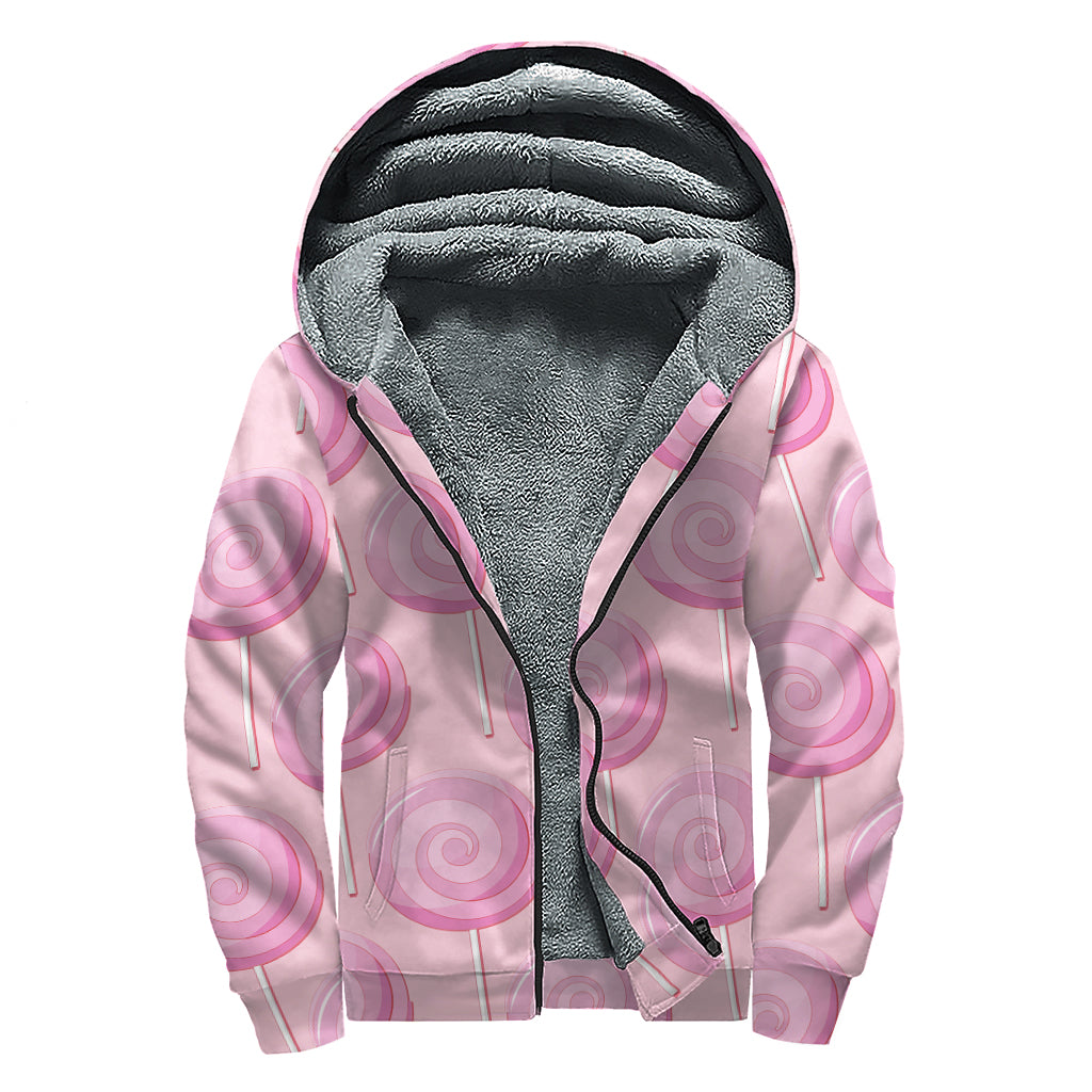 Pink Swirl Lollipop Pattern Print Sherpa Lined Zip Up Hoodie