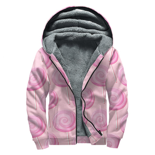 Pink Swirl Lollipop Pattern Print Sherpa Lined Zip Up Hoodie
