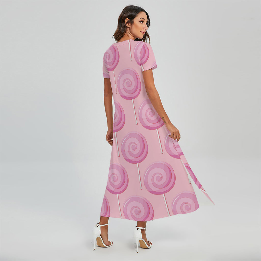 Pink Swirl Lollipop Pattern Print Short Sleeve Maxi Dress