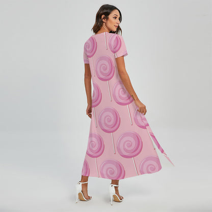 Pink Swirl Lollipop Pattern Print Short Sleeve Maxi Dress