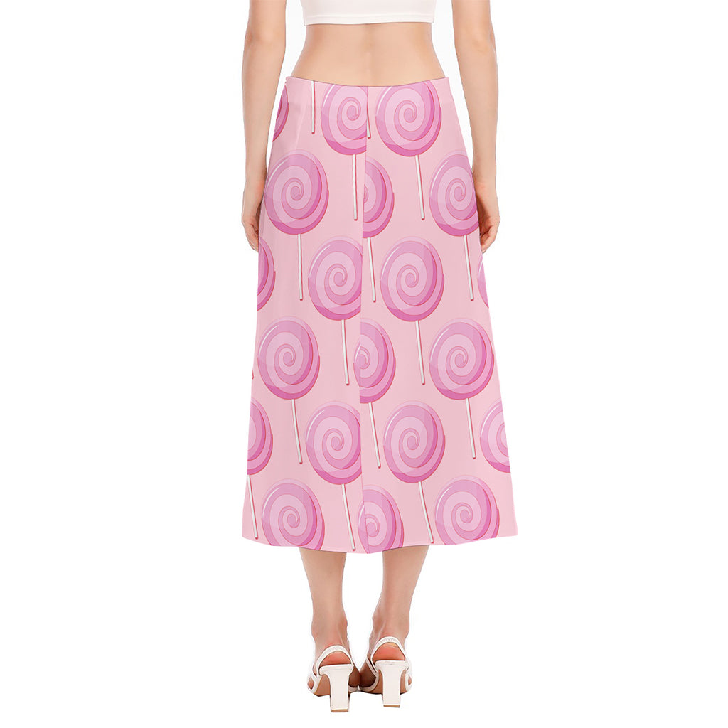 Pink Swirl Lollipop Pattern Print Side Slit Midi Skirt