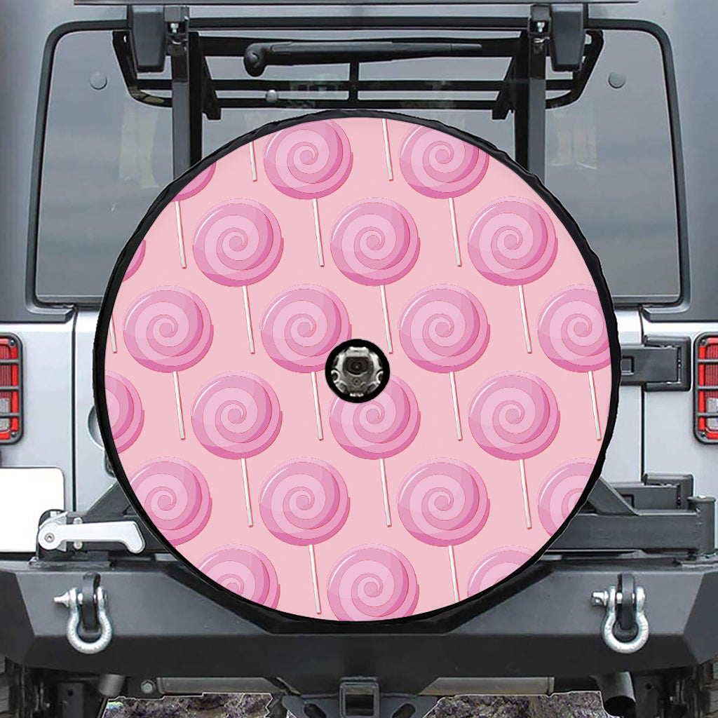 Pink Swirl Lollipop Pattern Print Tire Cover With Camera Hole