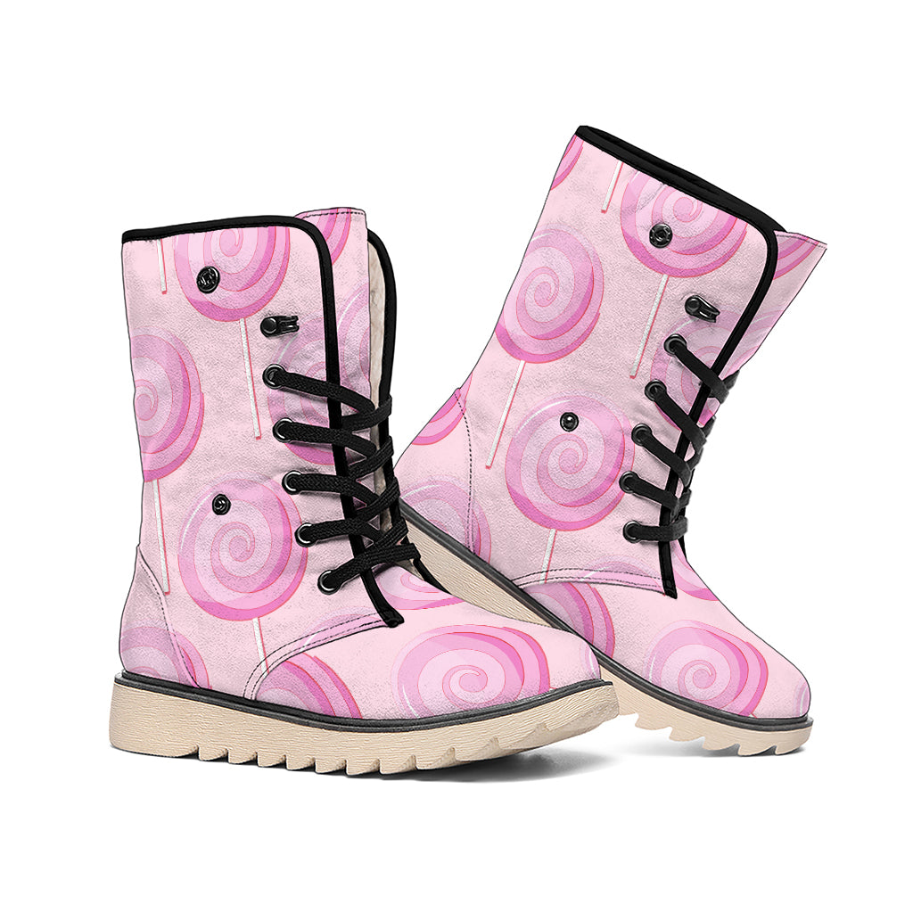 Pink Swirl Lollipop Pattern Print Winter Boots