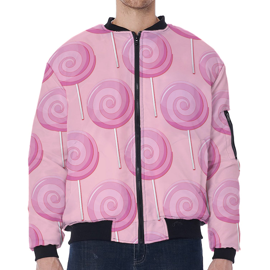 Pink Swirl Lollipop Pattern Print Zip Sleeve Bomber Jacket