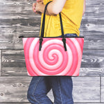 Pink Swirl Lollipop Print Leather Tote Bag