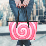 Pink Swirl Lollipop Print Leather Tote Bag