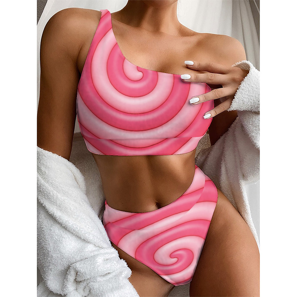 Pink Swirl Lollipop Print One Shoulder Bikini Top