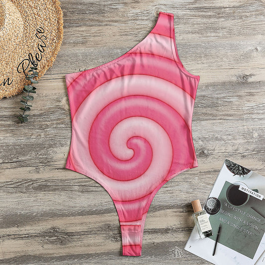 Pink Swirl Lollipop Print One Shoulder Bodysuit