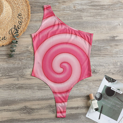 Pink Swirl Lollipop Print One Shoulder Bodysuit